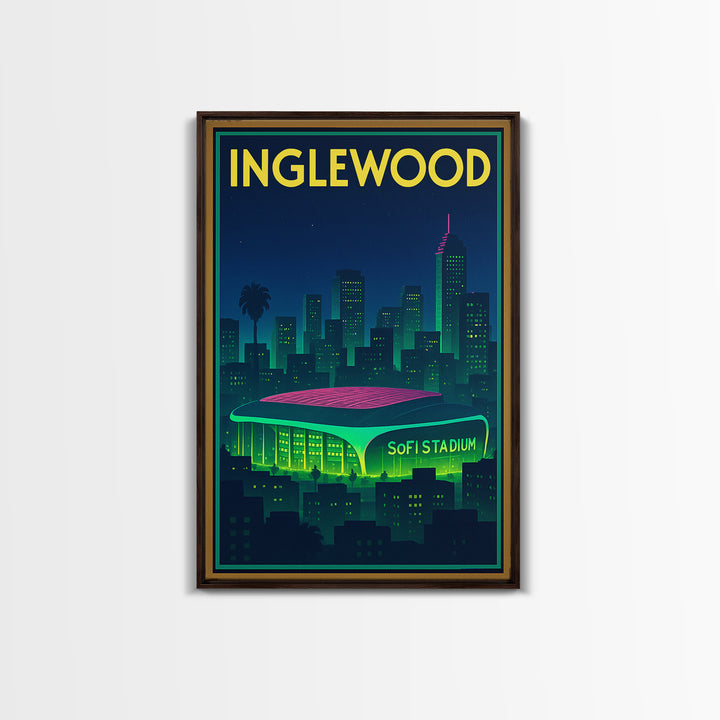 Inglewood Travel Poster, Framed Canvas Print, Cyberpunk Style City Art, Inglewood Travel Art, Vintage City Poster, Vintage Travel Art