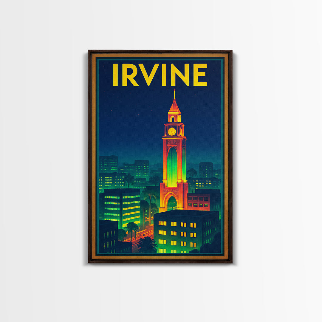 Irvine Travel Poster, Canvas Print, Retro Neon Travel Art, Irvine Art Print, Mid Century Wall Art, Vintage City Poster, Living Room Wall Art