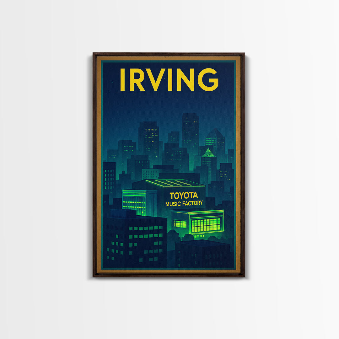 Irving Travel Poster, Framed Canvas Print, Cyberpunk Style City Art, Irving Poster Print, Living Room Wall Art, Vintage City Art