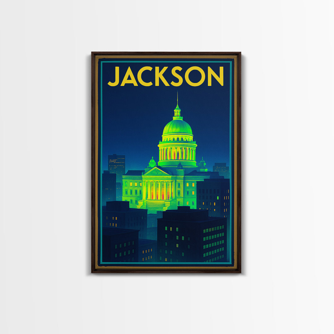 Jackson Travel Poster, Canvas Print, Retro Neon Travel Art, Jackson Wall Art, City Travel Prints, Vintage Travel Print, City Illustration