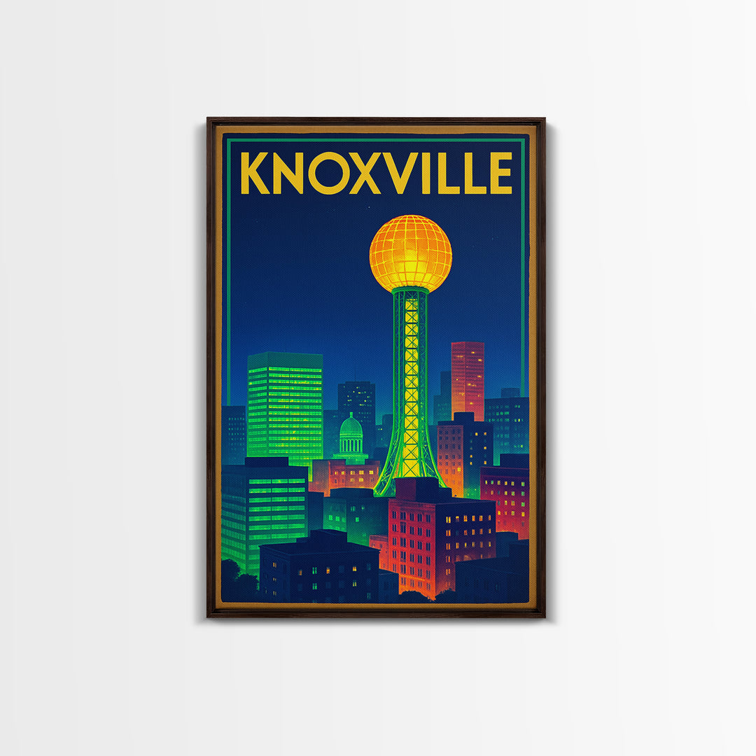 Knoxville Travel Poster, Framed Canvas Print, Retro Neon Travel Art, Knoxville Art Print, Retro Travel Print, Travel Wall Art, Design 2
