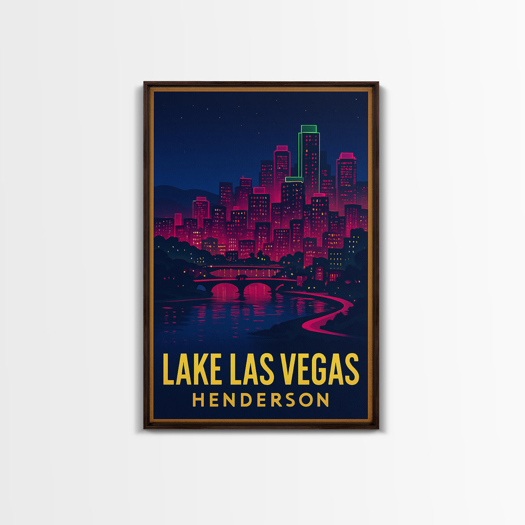 Lake Las Vegas Travel Poster, Framed Canvas Print, Neon Cityscape Wall Art, Lake Las Vegas Poster Print, Fine Art Print, Travel Wall Decor
