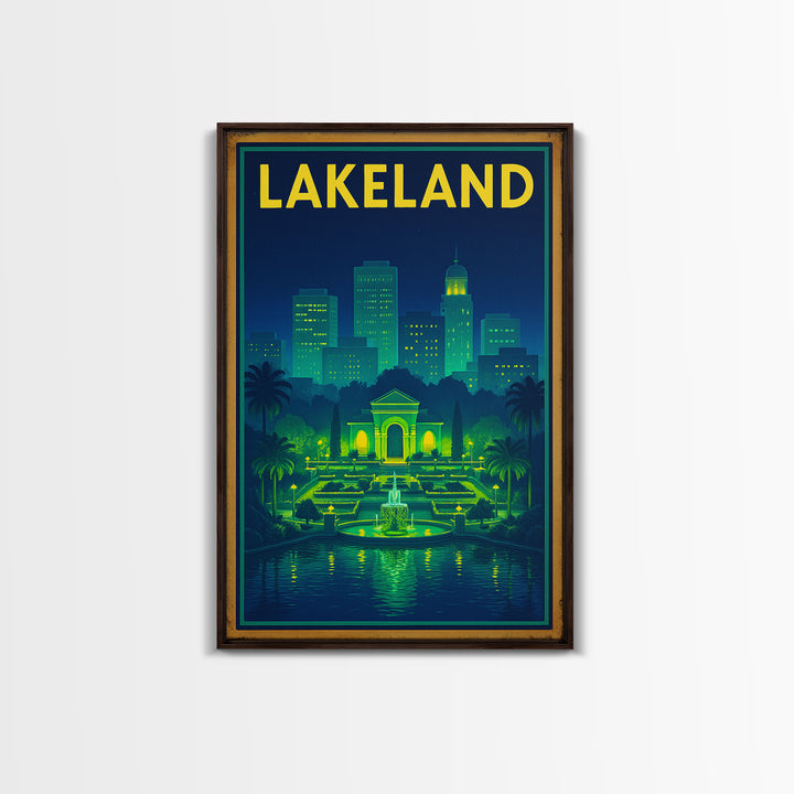 Lakeland Travel Poster, Framed Canvas Print, Electric Night Poster Art, Lakeland Travel Art, City Illustration, Living Room Wall Art