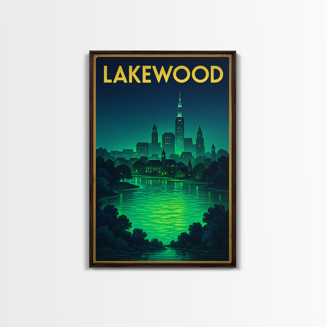 Lakewood Travel Poster, Framed Canvas Print, Neon Cityscape Wall Art, Lakewood Travel Art, City Travel Prints, Vintage Travel Print