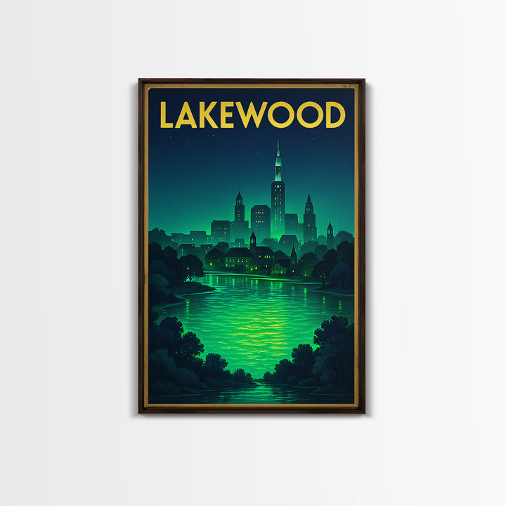 Lakewood Travel Poster, Framed Canvas Print, Neon Cityscape Wall Art, Lakewood Travel Art, City Travel Prints, Vintage Travel Print
