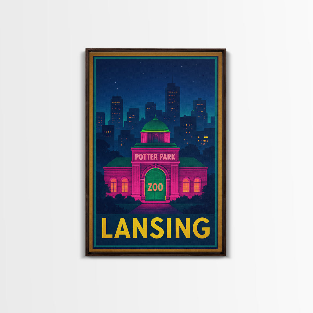 Lansing Michigan Travel Poster, Canvas Print, Neon Skyline Wall Art, Lansing Art Print, Wall Decor, Travel Poster Set, Wanderlust Decor