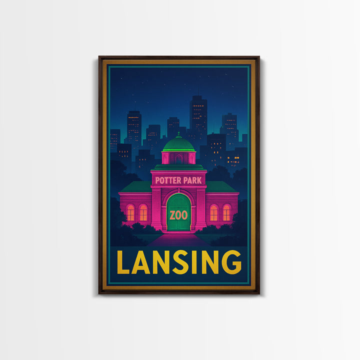 Lansing Michigan Travel Poster, Canvas Print, Neon Skyline Wall Art, Lansing Art Print, Wall Decor, Travel Poster Set, Wanderlust Decor
