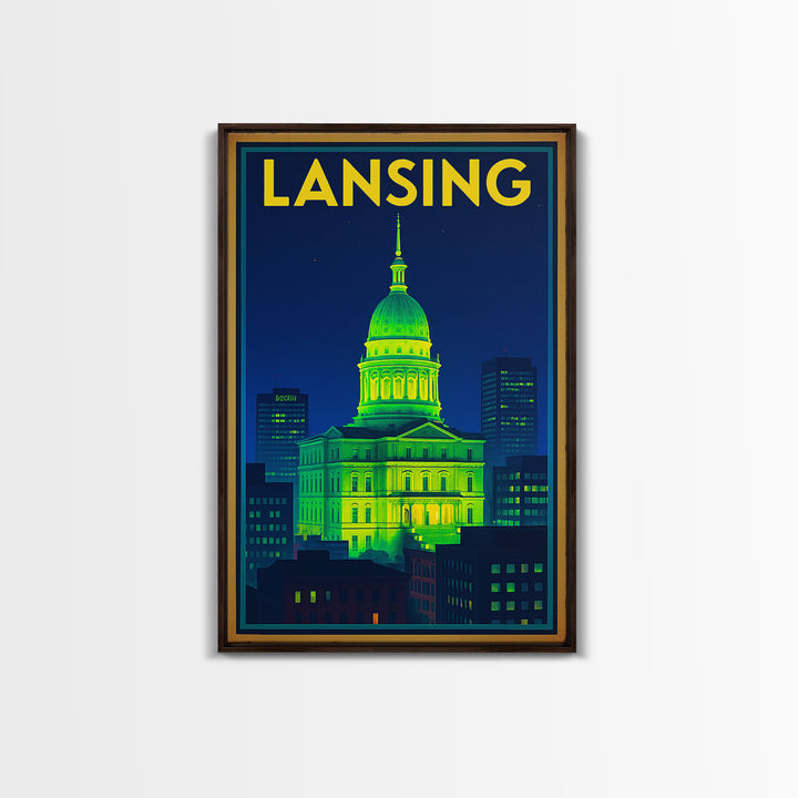 Lansing Travel Poster, Framed Canvas Print, Retro Neon Travel Art, Lansing City Art, City Illustration, Vintage Travel Print, Wall Art