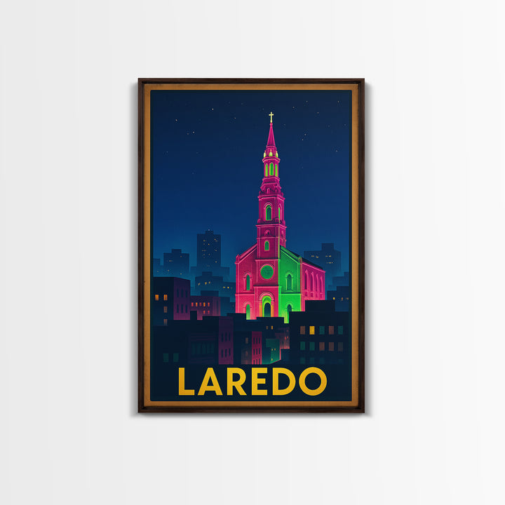 Laredo Texas Travel Poster, Framed Canvas Print, Electric Night Poster Art, Laredo Wall Art, Travel Poster Set, Watercolor Skyline