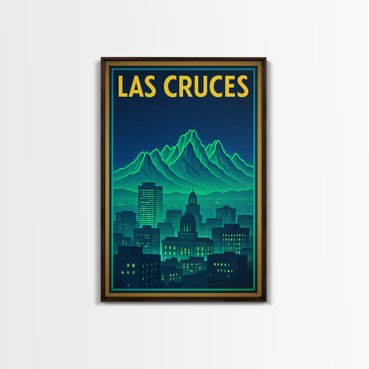 Las Cruces Travel Poster, Framed Canvas Print, Neon City Skyline Wall Art, Las Cruces Travel Art, Home Office Decor, Travel Wall Decor