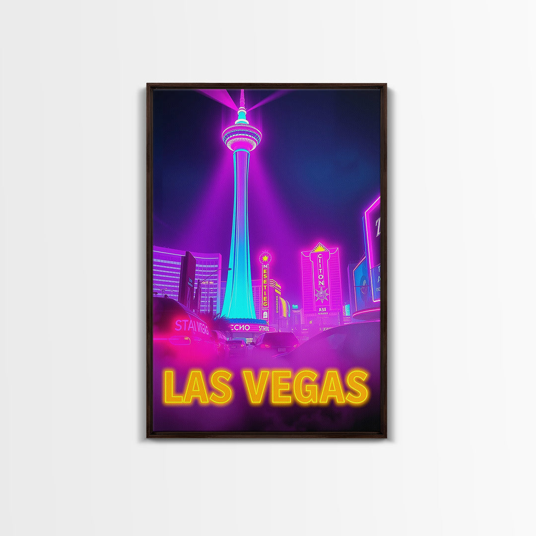 Las Vegas Nevada Travel Poster, Canvas Print, Cyberpunk Style City Art, Las Vegas Poster Print, Mid Century Wall Art, Watercolor Skyline