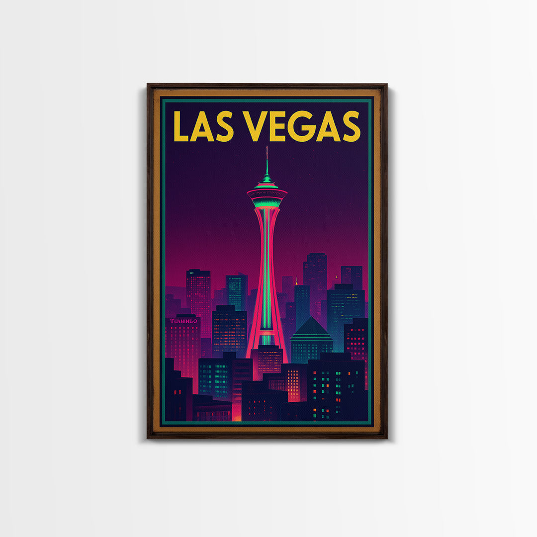 Las Vegas Travel Poster, Canvas Print, Retro Neon Travel Art, Las Vegas Wall Art, City Illustration, Eclectic Wall Decor, Home Office Decor