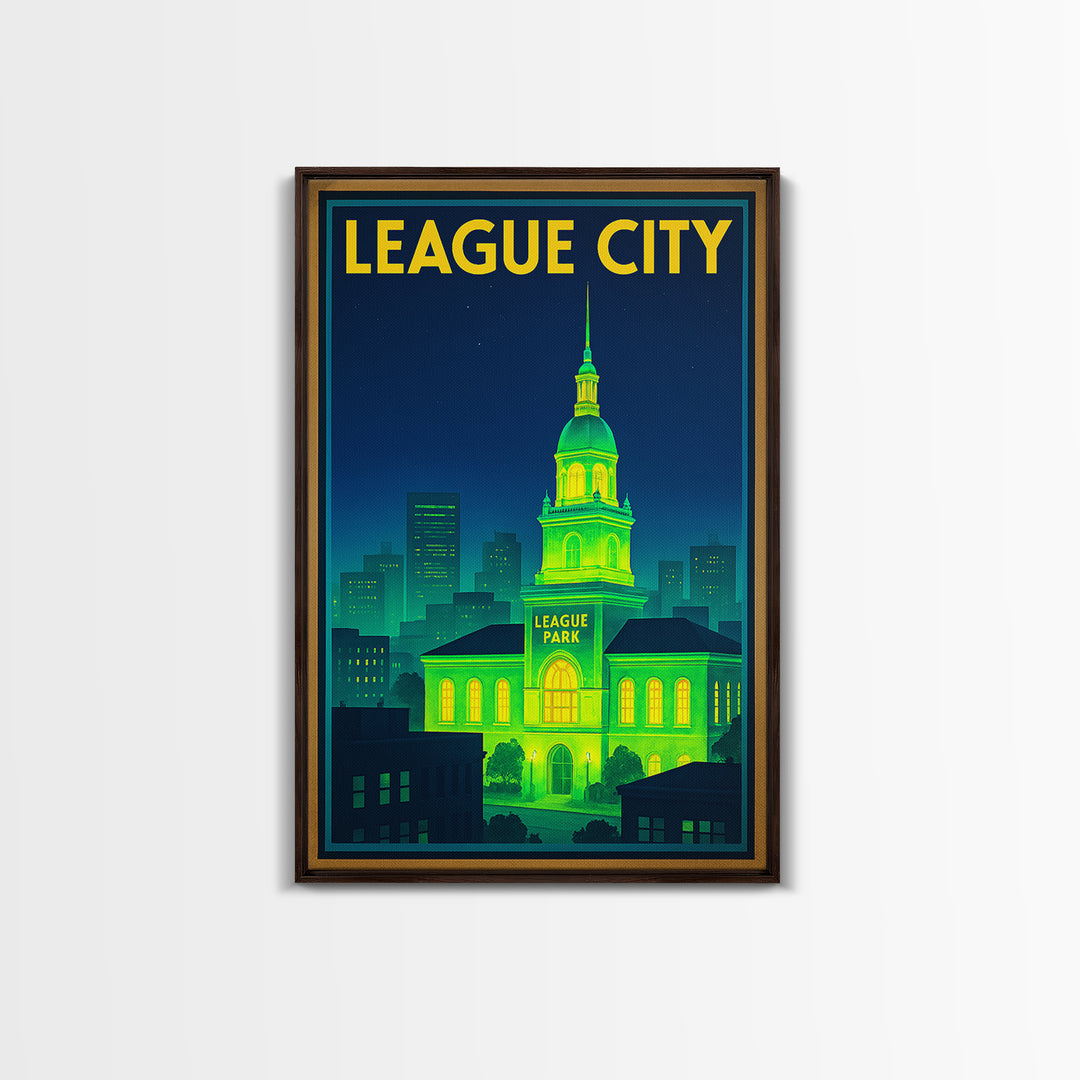 League City Travel Poster, Canvas Print, Electric Night Poster Art, League City Poster Print, Home Office Decor, Watercolor City Skyline