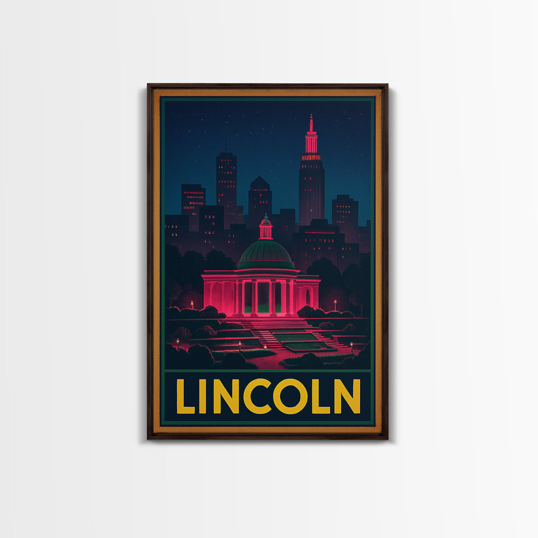 Lincoln Nebraska Travel Poster, Framed Canvas Print, Electric Night Poster Art, Lincoln Travel Art, Travel Art Print, Travel Poster Set