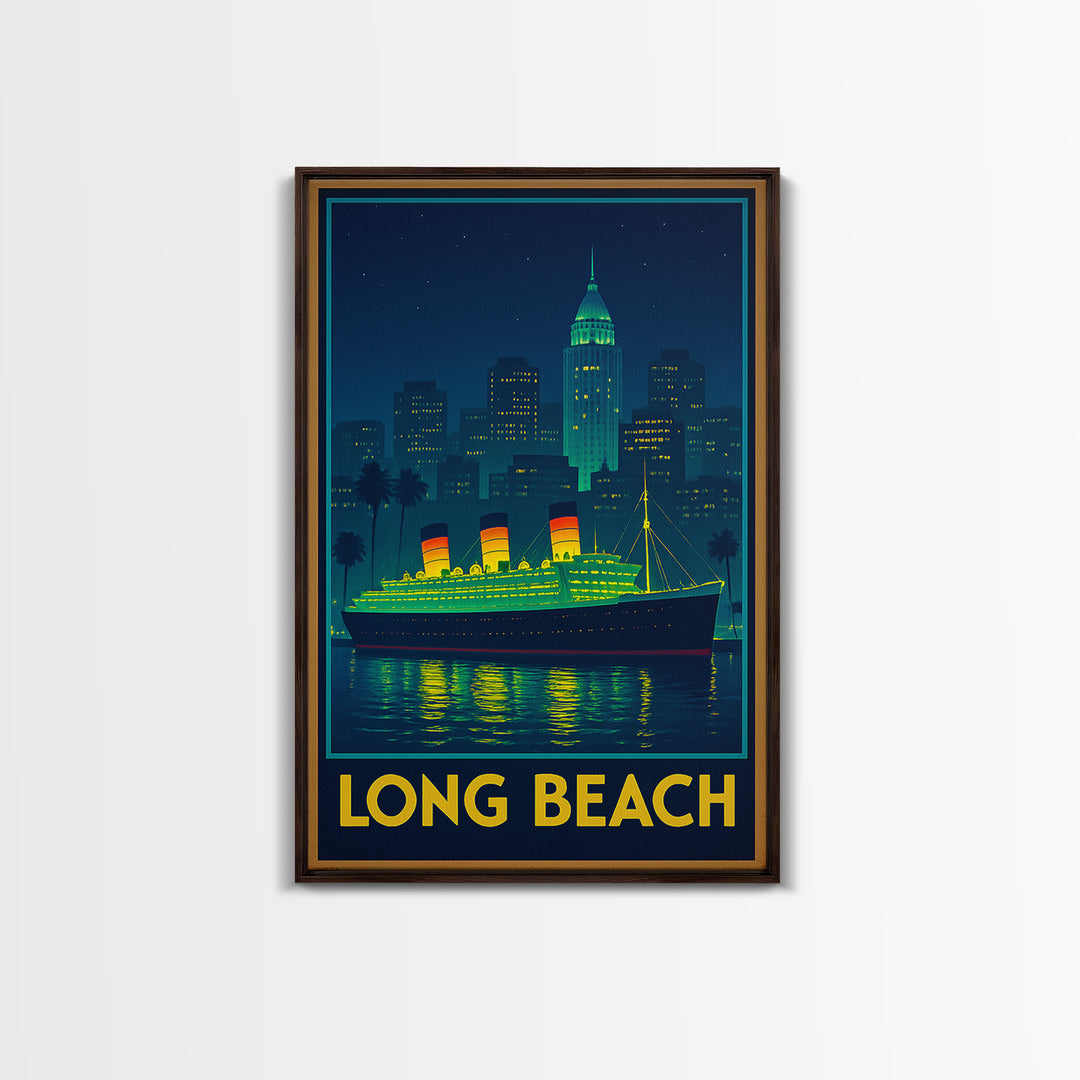 Long Beach California Travel Poster, Canvas Print, Retro Neon Travel Art, Long Beach City Art, Wall Art, City Art Print, Travel Wall Art
