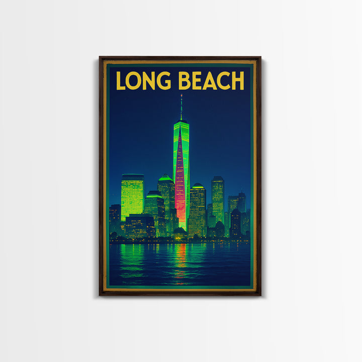 Long Beach Travel Poster, Framed Canvas Print, Retro Neon Travel Art, Long Beach Travel Art, Retro Travel Print, Eclectic Wall Decor
