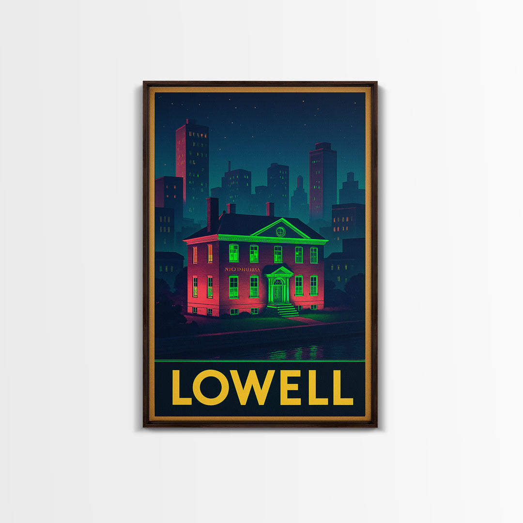 Lowell Massachusetts Travel Poster, Canvas Print, Retro Neon Travel Art, Lowell Travel Art, Wanderlust Decor, Wall Art, Retro Travel Print