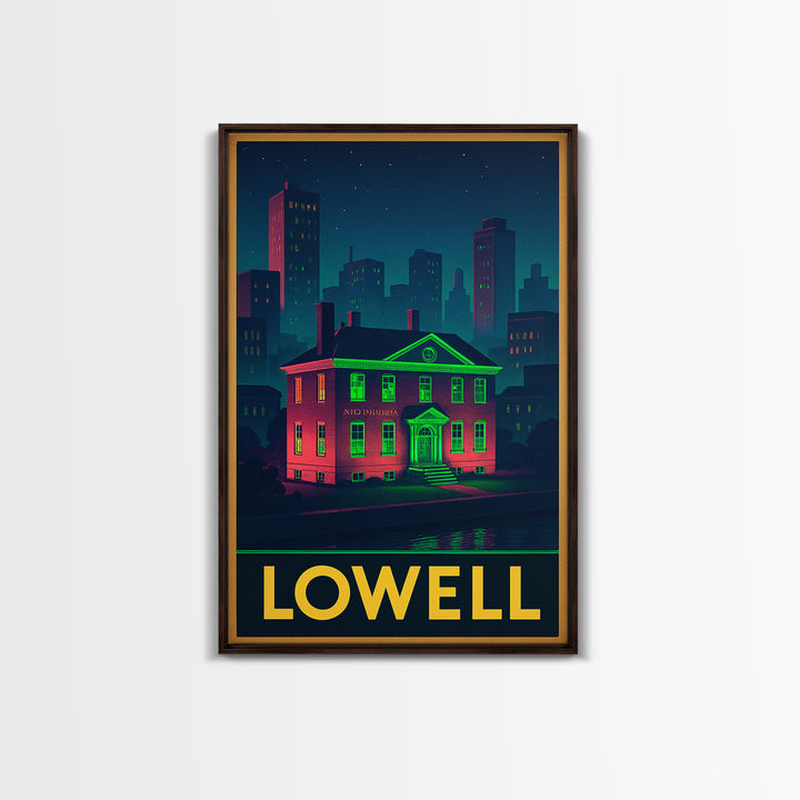 Lowell Massachusetts Travel Poster, Canvas Print, Retro Neon Travel Art, Lowell Travel Art, Wanderlust Decor, Wall Art, Retro Travel Print