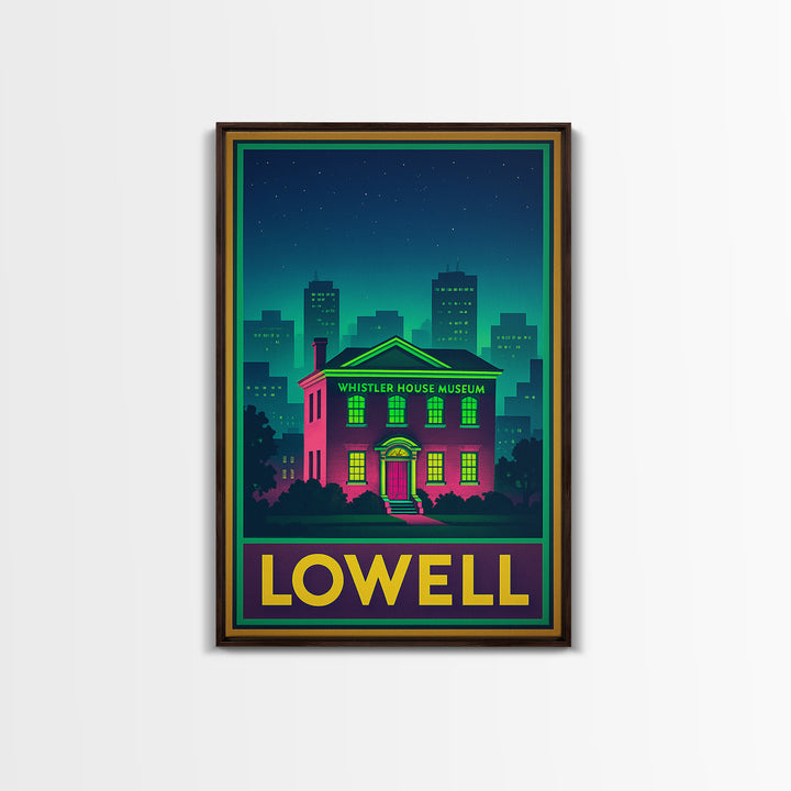 Lowell Travel Poster, Canvas Print, Retro Neon Travel Art, Lowell Travel Art, Travel Wall Decor, Travel Wall Art, Retro Travel Print