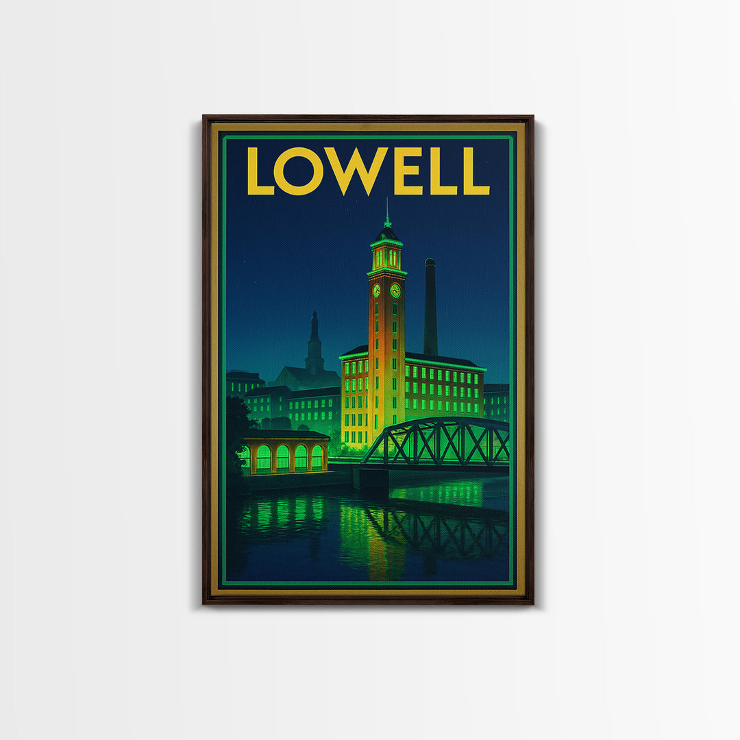 Lowell Travel Poster, Canvas Print, Neon Urban Skyline Wall Art, Lowell Wall Art, Watercolor Urban Skyline, Travel Art Print, Wall Decor
