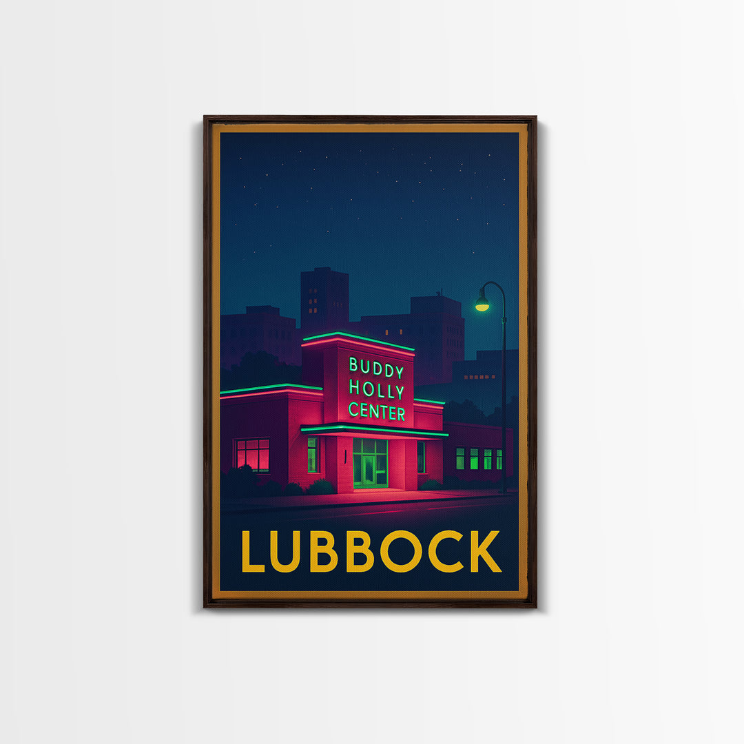 Lubbock Texas Travel Poster, Canvas Print, Neon Skyline Art Wall Art, Lubbock Poster Print, Vintage Travel Print, Mid Century Wall Art