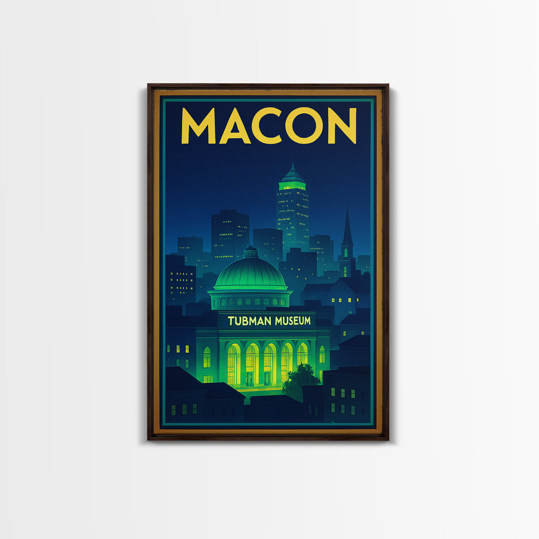 Macon Travel Poster, Framed Canvas Print, Retro Neon Travel Art, Macon Poster Print, Travel Art Print, Retro Travel Print, Travel Decor