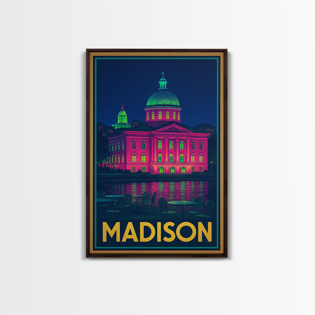 Madison Wisconsin Travel Poster, Canvas Print, Cyberpunk Style City Art, Madison City Art, City Illustration, Wall Art, Modern Wall Decor
