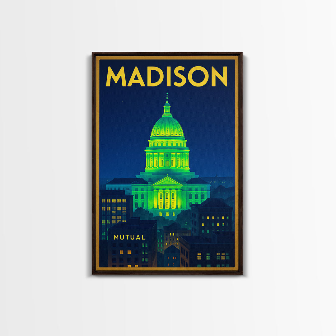 Madison Travel Poster, Framed Canvas Print, Electric Night Poster Art, Madison City Art, Travel Wall Art, Travel Wall Decor, Travel Print