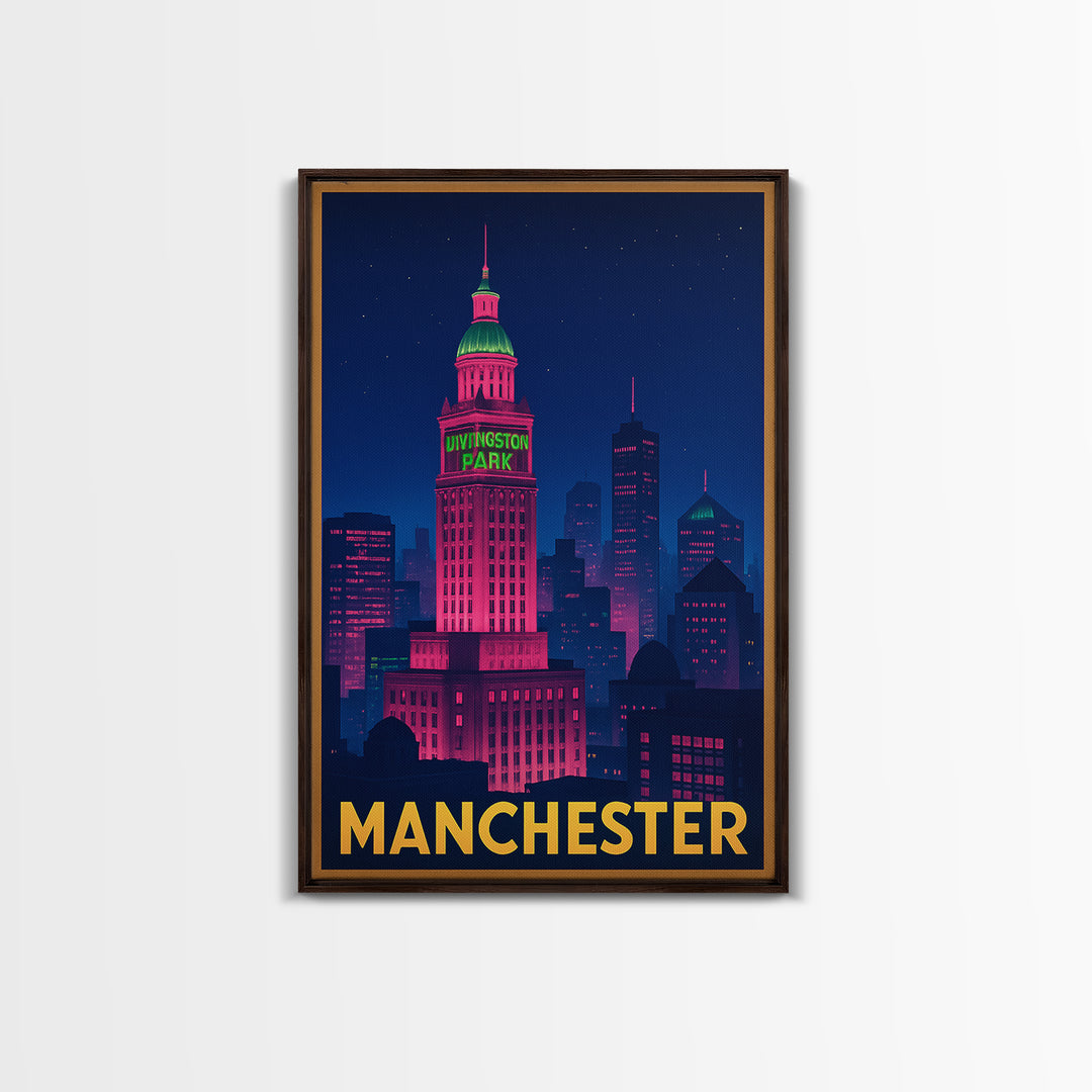 Manchester New Hampshire Travel Poster, Canvas Print, Neon Skyline Art Wall Art, Manchester Art Print, Travel Wall Art, City Travel Prints