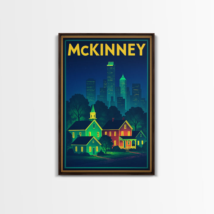 Mckinney Travel Poster, Framed Canvas Print, Retro Neon Travel Art, Mckinney Poster Print, Gift For Travelers, Fine Art Print, Design 2