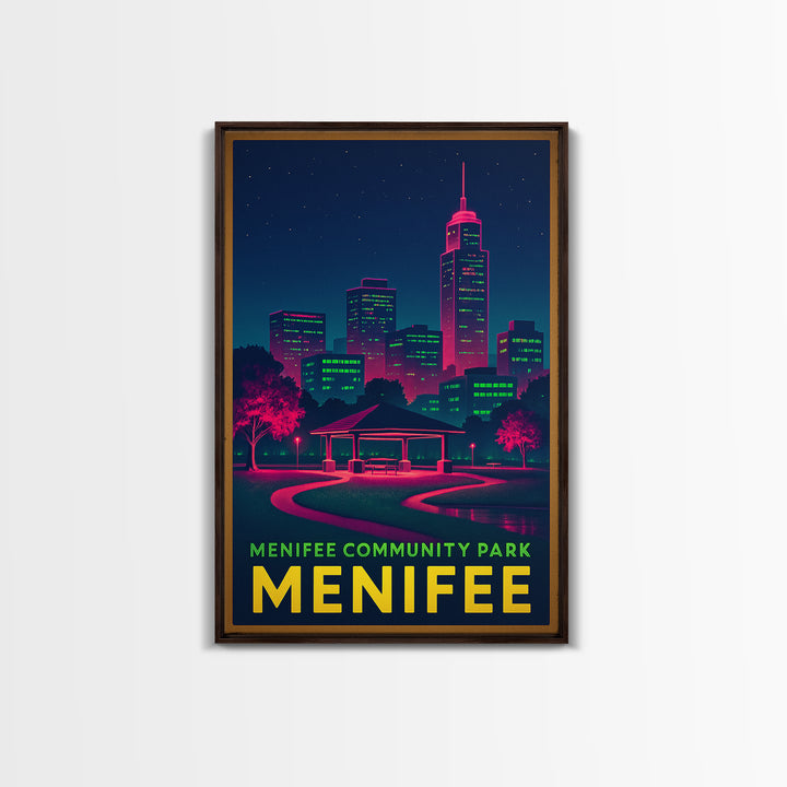 Menifee California Travel Poster, Canvas Print, Electric Night Poster Art, Menifee Travel Art, Watercolor City Skyline, City Art Print