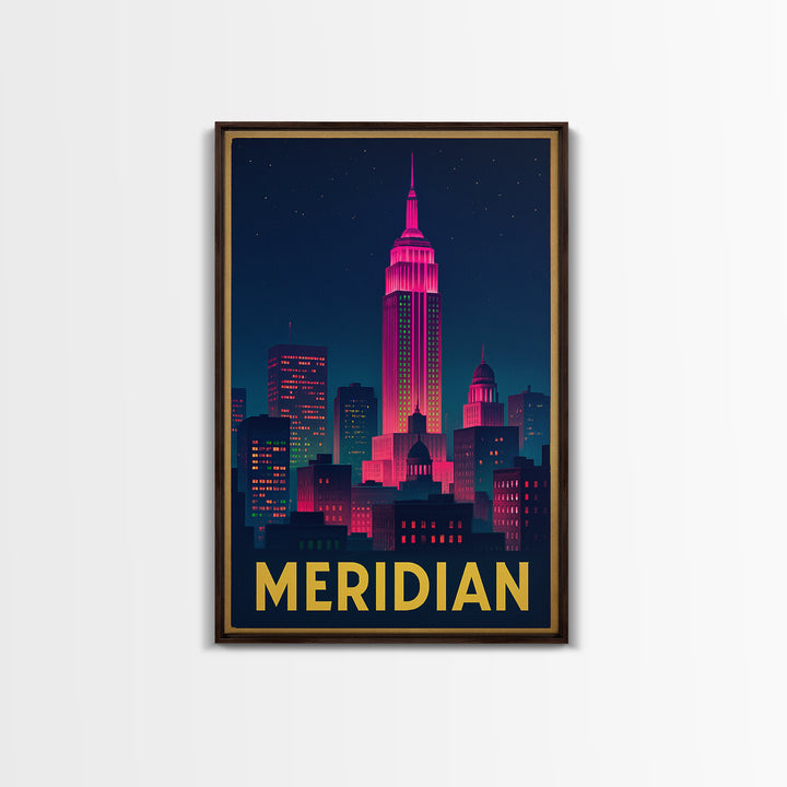 Meridian Idaho Travel Poster, Framed Canvas Print, Electric Night Poster Art, Meridian Wall Art, Travel Poster Art, Mid Century Wall Art