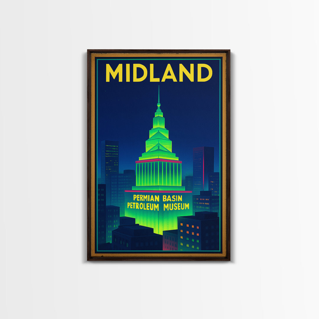 Midland Travel Poster, Framed Canvas Print, Retro Neon Travel Art, Midland Art Print, Eclectic Wall Decor, City Art Print, Fine Art Print