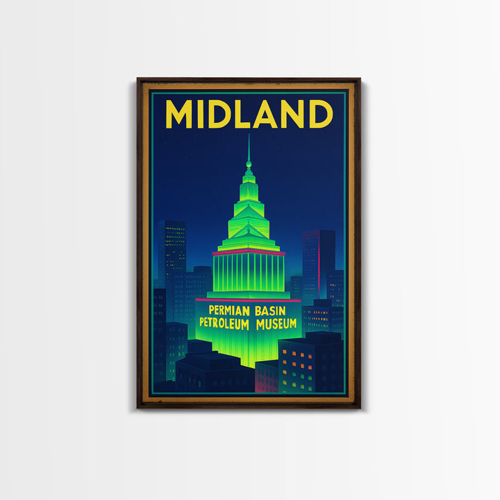 Midland Travel Poster, Framed Canvas Print, Retro Neon Travel Art, Midland Art Print, Eclectic Wall Decor, City Art Print, Fine Art Print