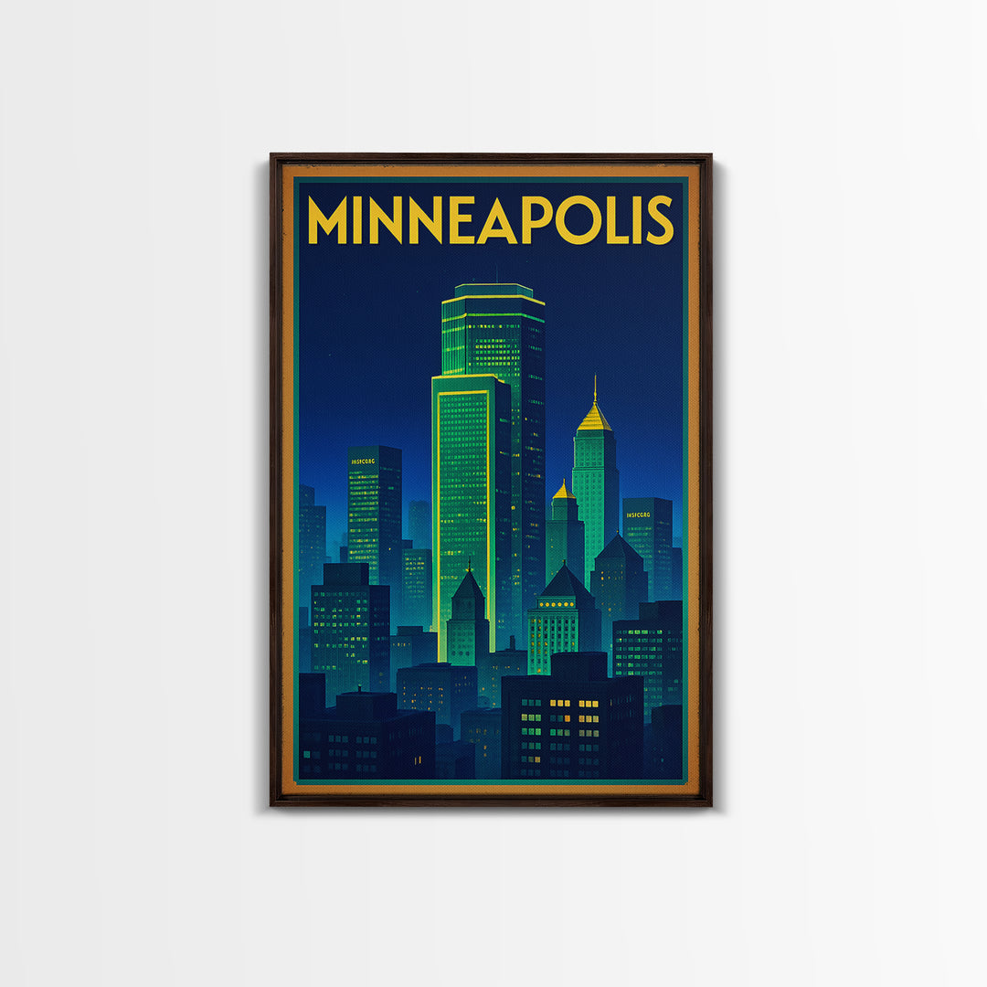 Minneapolis Travel Poster, Framed Canvas Print, Neon Skyline Wall Art, Minneapolis Travel Art, Travel Poster Art, Travel Wall Art