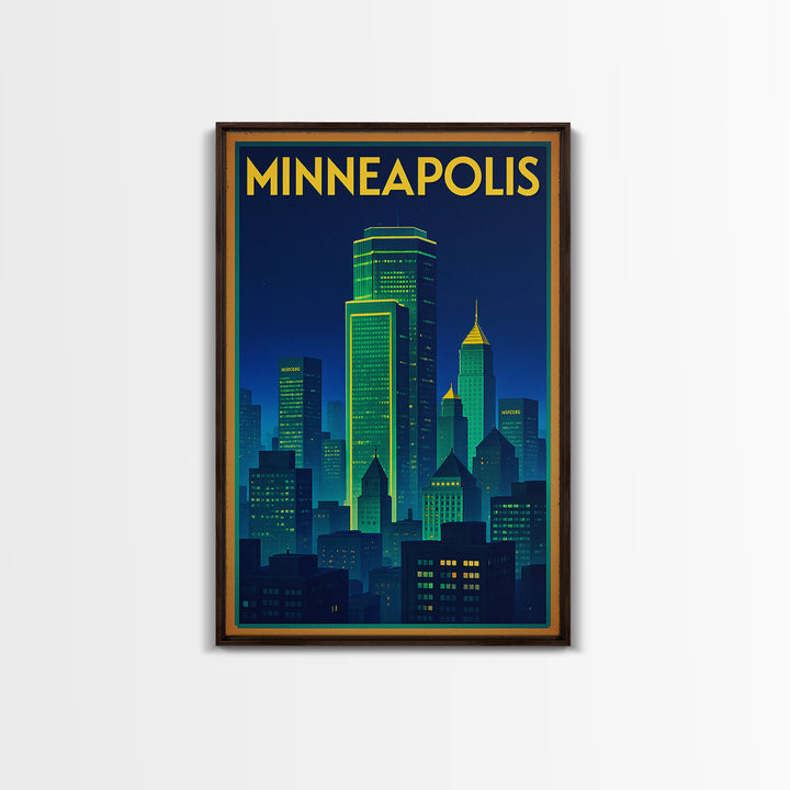 Minneapolis Travel Poster, Framed Canvas Print, Neon Skyline Wall Art, Minneapolis Travel Art, Travel Poster Art, Travel Wall Art