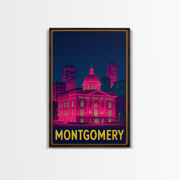 Montgomery Alabama Travel Poster, Canvas Print, Neon Urban Skyline Wall Art, Montgomery Wall Art, Gift For Travelers, Vintage City Art
