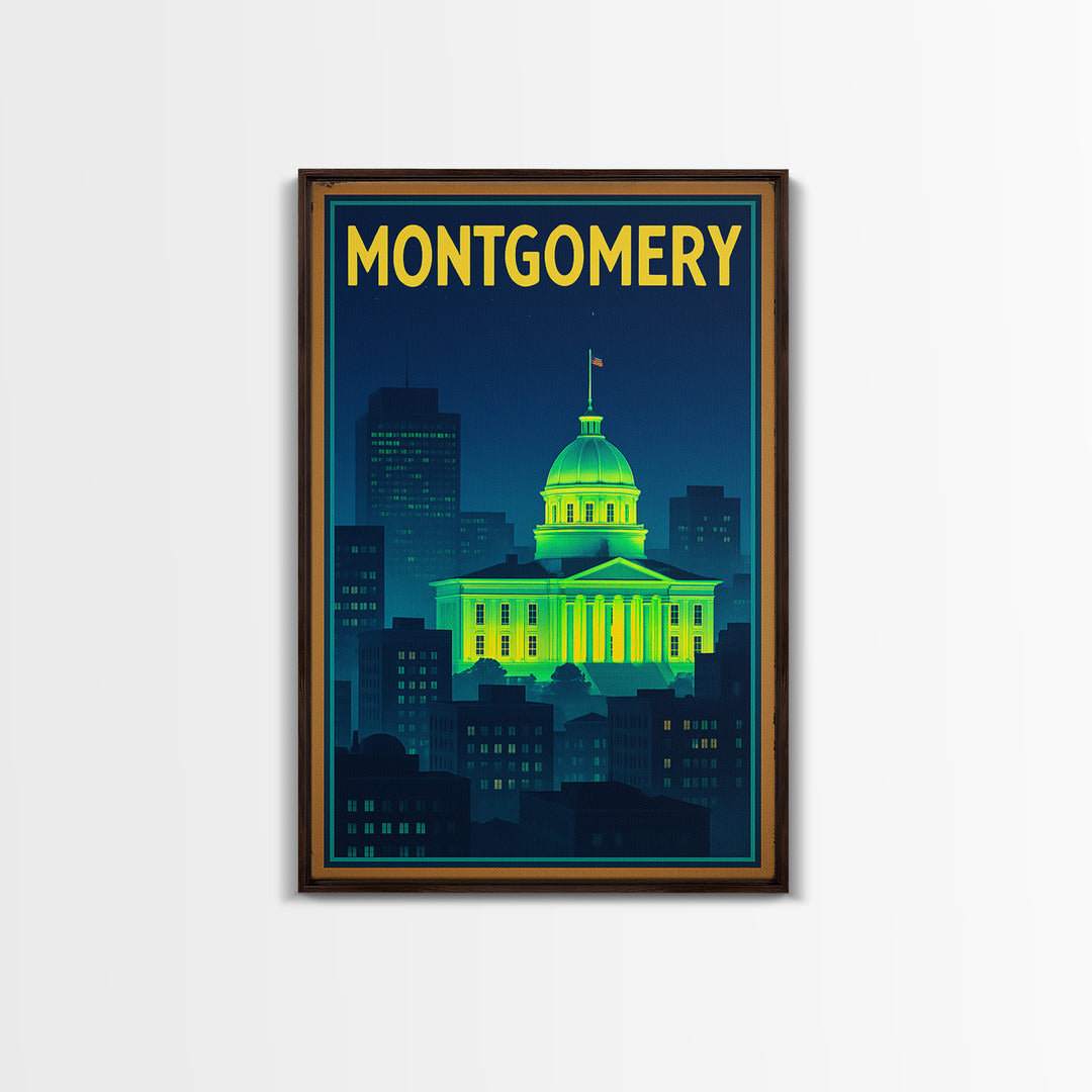 Montgomery Travel Poster, Canvas Print, Neon Downtown Skyline Wall Art, Montgomery City Art, City Illustration, City Travel Prints, Wall Art