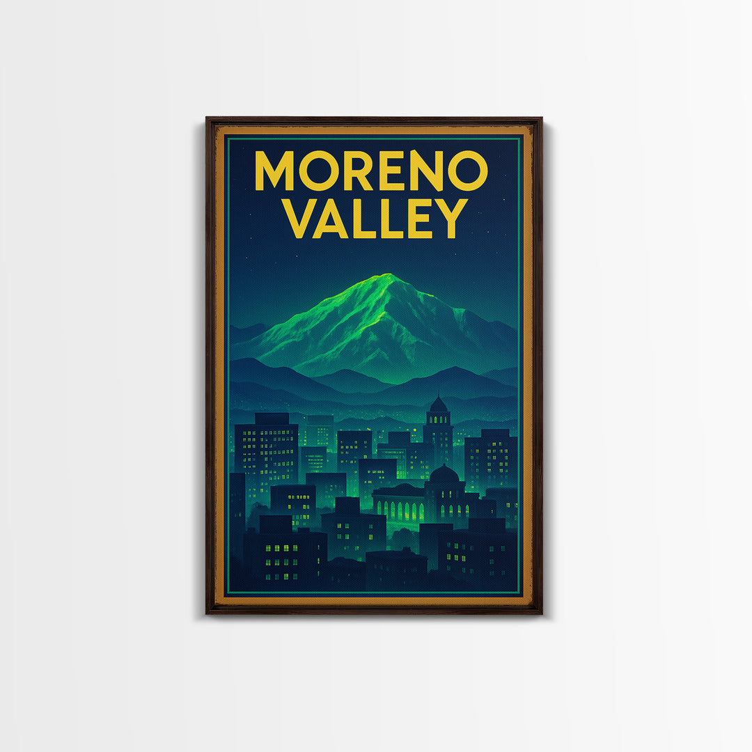 Moreno Valley Travel Poster, Canvas Print, Neon Downtown Skyline Wall Art, Moreno Valley City Art, Vintage Travel Print, Fine Art Print