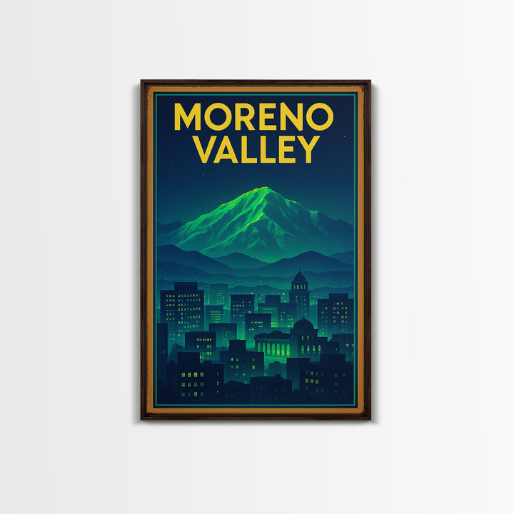 Moreno Valley Travel Poster, Canvas Print, Neon Downtown Skyline Wall Art, Moreno Valley City Art, Vintage Travel Print, Fine Art Print