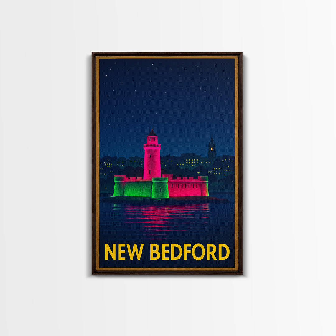 New Bedford Massachusetts Travel Poster, Canvas Print, Neon Downtown Skyline Wall Art, New Bedford Art Print, Wanderlust Decor, Wall Decor