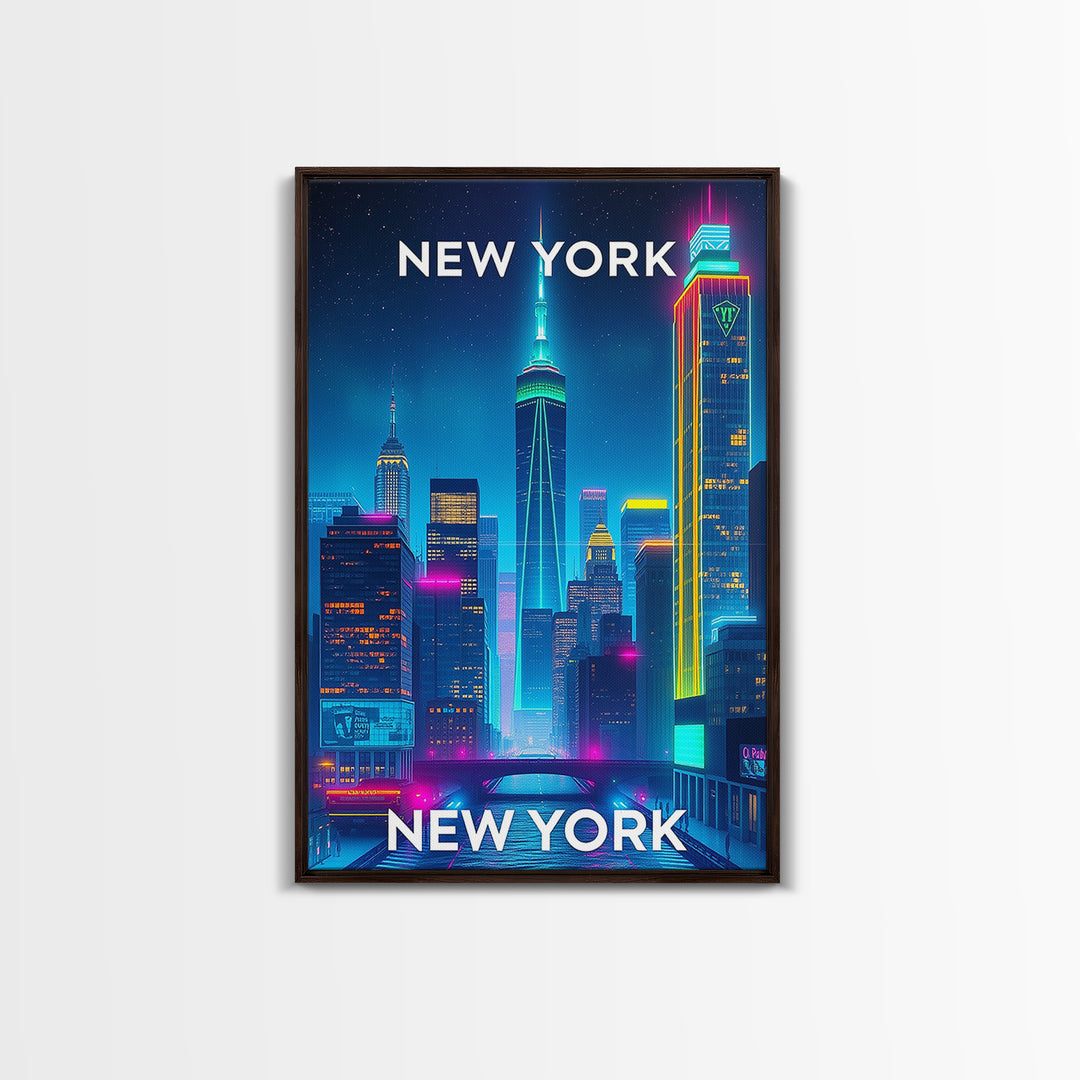New York City New York Travel Poster, Canvas Print, Neon Skyline Wall Art, New York City Art, City Illustration, Travel Prints, Office Decor