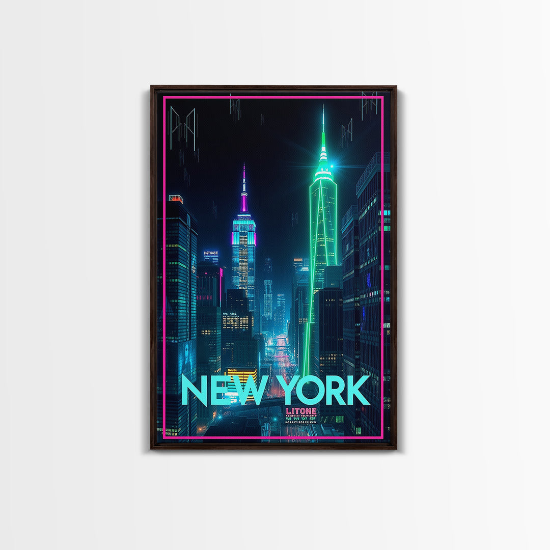 New York Travel Poster, Framed Canvas Print, Electric Night Poster Art, New York Wall Art, Travel Poster Art, Fine Art Print, Design 14