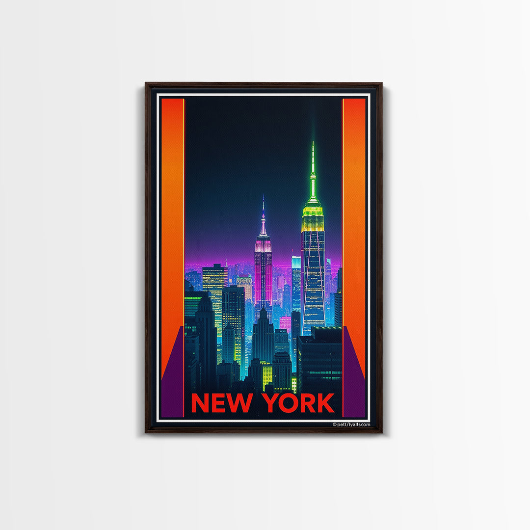New York Travel Poster, Framed Canvas Print, Neon Skyline Art Wall Art, New York Travel Art, Vintage City Poster, Vintage City Art