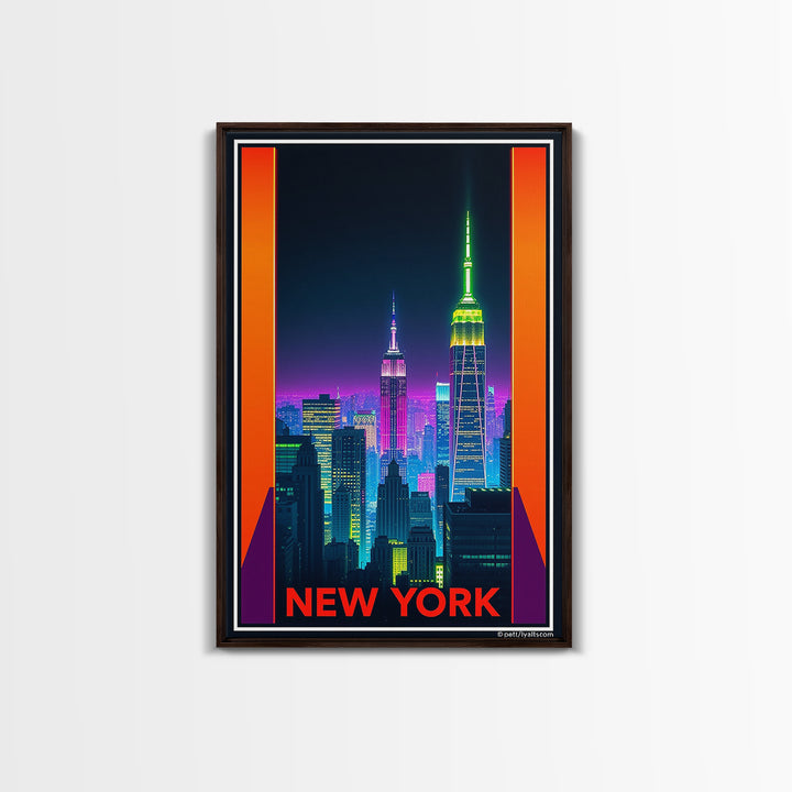 New York Travel Poster, Framed Canvas Print, Neon Skyline Art Wall Art, New York Travel Art, Vintage City Poster, Vintage City Art