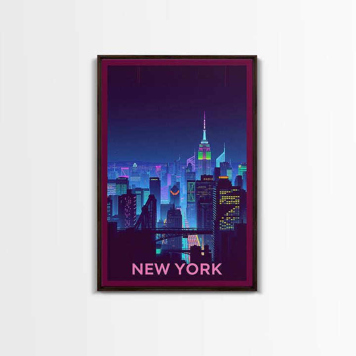 New York Travel Poster, Framed Canvas Print, Retro Neon Travel Art, New York City Art, City Illustration, Travel Poster Art, City Poster