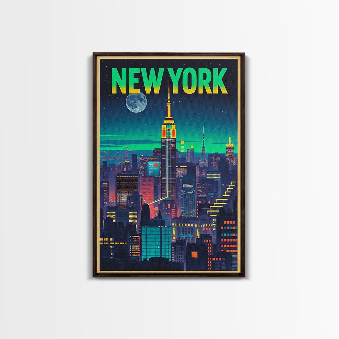 New York Travel Poster, Canvas Print, Retro Neon Travel Art, New York City Art, Travel Wall Art, Mid Century Wall Art, Vintage Travel Print