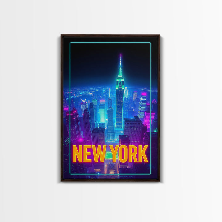 New York Travel Poster, Canvas Print, Neon Cityscape Wall Art, New York Wall Art, City Illustration, Mid Century Wall Art, City Art Print