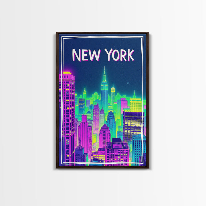 New York Travel Poster, Canvas Print, Neon Downtown Skyline Wall Art, New York City Art, Wanderlust Decor, Travel Wall Decor, Wall Decor