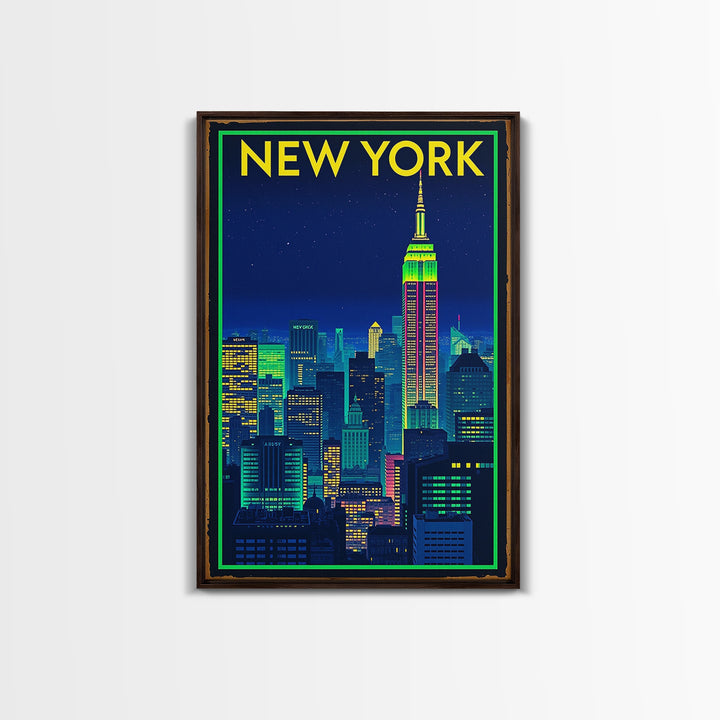 New York Travel Poster, Framed Canvas Print, Neon Downtown Skyline Wall Art, New York Wall Art, Gift For Travelers, Travel Wall Decor